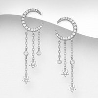 John Greed Signature Silver CZ Crescent Moon Chain Earrings