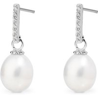 John Greed Signature Silver CZ Bar Freshwater Pearl Drop Earrings