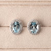 John Greed Signature Silver Blue Topaz & CZ Oval Halo Stud Earrings