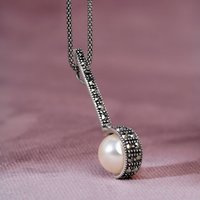 John Greed Signature Silver Marcasite & Pearl Long Drop Necklace