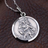 John Greed Signature Silver Oxidised Round St Christopher Necklace