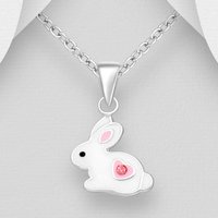 John Greed Signature Silver White Rabbit Pink Sparkle Necklace