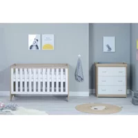 Babymore Veni 2 Piece Nursery Furniture Room Set with Cot Bed & Chest Changer - Oak White