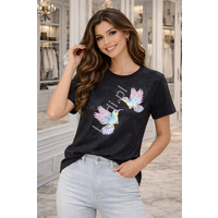 T - shirt z brokatem i ptakiem kolibrem z cekinami, czarny 7188