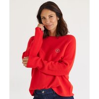 Roter Strickpullover mit Strass-Kleeblatt
