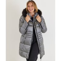 Lange Metallic Steppjacke mit Fellkapuze