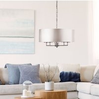 Searchlight Kingsbridge 5 Light Ceiling Light, Satin Silver With Silver Faux Silk Shade