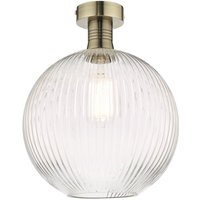 Dar Lighting Emerson Semi Flush Ceiling Light In Antique Brass With Round Ribbed Glass EME4875-E02
