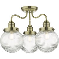 Dar Lighting Tamara 3 Light Bathroom Semi Flush Ceiling Light In Antique Brass With Ribbed Glass IP44 TAM5375-IP44