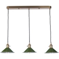 Dar Lighting Hadano 3 Light Bar Ceiling Pendant Light In Natural Brass With Olive Shades
