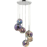 Dar Lighting Mira 6 Light Cluster Ceiling Pendant Light In Polished Chrome With Iridised Glass