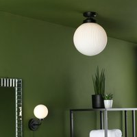 Dar Lighting Alrik Bathroom Flush Ceiling Light In Black With Ribbed Opal Glass Shade IP44