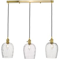 Dar Lighting Hadano 3 Light Bar Ceiling Pendant Light In Natural Brass With Dimpled Glass Shades