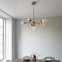 Slim 6 Light Ceiling Pendant Light In Antique Brass Finish With Clear Glass Shades