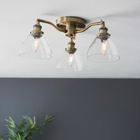 Endon 97247 Hansen 3 Light Flush Ceiling Light In Antique Brass With Clear Glass