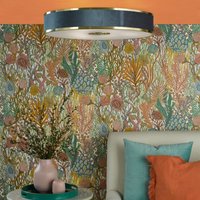 Dar Lighting Alvaro 6 Light Flush Ceiling Light In Brushed Brass With Blue Shade