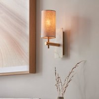 Modern Wall Light In Vintage Brass And White Marble With Natural Cylindrical Shade