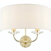 Endon 70562 Nixon 2 Light Wall Light In Brass WIth Crystal Glass And Vintage White Faux Silk Shade