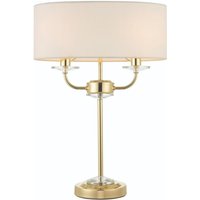 Endon 70564 Nixon 2 Light Table Lamp In Brass With Crystal Glass And Vintage White Faux Silk Shade