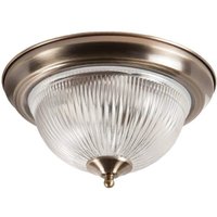 2 Light Antique Brass IP44 Bathroom Flush Ceiling Light with Clear ribbed Glass Shade