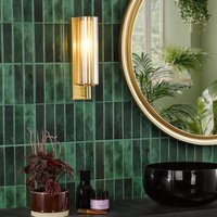 Dar Lighting Bevin Bathroom Wall Light In Natural Brass With Amber Ribbed Glass IP44 BEV0735