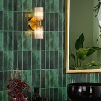 Dar Lighting Hilaria 2 Light Bathroom Wall Light In Antique Gold With Amber Ribbed Glass IP44 HIL0935