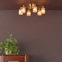 Dar Lighting Hilaria 6 Light Flush Ceiling Light In Antique Gold With Amber Ribbed Glass HIL6435