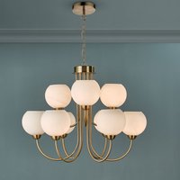 Dar IND1335 Indra 9 Light Multi Arm Ceiling Pendant In Brass With Opal Glass