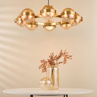 Dar Lighting Ophira 8 Light Ceiling Pendant In Antique Gold With Amber Ribbed Glass OPH0835
