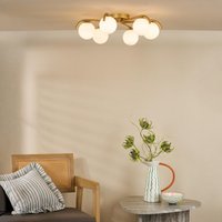 Dar Lighting Orlena 6 Light Flush Ceiling Light In Satin Gold With Opal Glass Shades