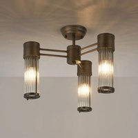 Pillar 3 Light Bathroom Semi Flush Ceiling Light In Bronze And Clear Glass Rods IP44 E14