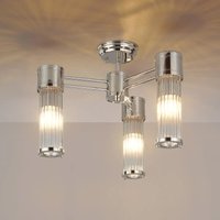 Pillar 3 Light Bathroom Semi Flush Ceiling Light In Polished Nickel And Clear Glass Rods IP44 E14