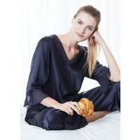 LILYSILK Pigiama In Seta Donna Blu Scuro Charmeuse Di Seta Abbigliamento Da Casa Traspirante Temperatura Regolabile S
