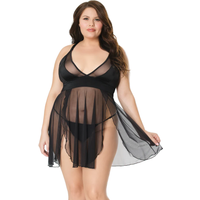Plus Size Black Mesh Babydoll With Adjustable G-String