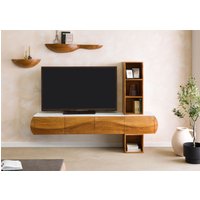 Massivmoebel24.de Wohnwand Akazie 204x40x145 natur lackiert / Marmor weiß MONTREAL #141