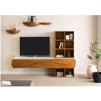 Massivmoebel24.de Wohnwand Akazie 204x40x145 natur lackiert / Marmor weiß MONTREAL #143