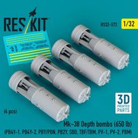Mk-38 Depth bombs (650 lb) (4 pcs) (PB4Y-1, PB4Y-2, PBY/PBN, PB2Y, SBD, TBF/TBM, PV-1, PV-2, PBM) (3D Printed)