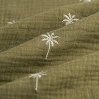 Tissu double gaze brodée palmiers kaki écru - Mondial Tissus