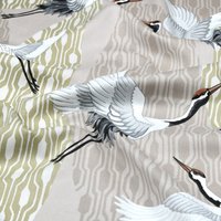 Tissu satin de coton et polyester imprimé grand héron naturel - Mondial Tissus