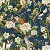 Tissu velours bleu imprimés fleurs, singes et aras - Mondial Tissus