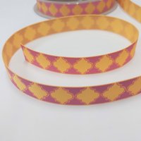 Ruban gros grain jaune motif oriental rose 16 mm - Frou Frou - Mondial Tissus
