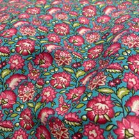 Tissu cretonne enduit fleur indienne rose bleu - Mondial Tissus