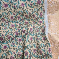 Tissu voile de coton block print beige fleuri lisière dorée - Origine Inde - Mondial Tissus