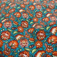 Tissu cretonne enduit fleur indienne orange bleu - Mondial Tissus
