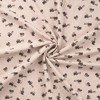 Maille jersey coton rayée imprimée petite voiture beige - Mondial Tissus