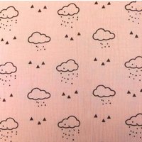 Tissu double gaze rose pâle motifs nuages triangles noirs - DOMOTEX - Mondial Tissus