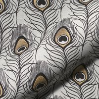 Tissu jacquard épais blanc plumes paon noir et doré - Mondial Tissus