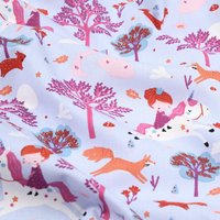 Toile coton imprimée renard et licorne dans la forêt violine - Mondial Tissus