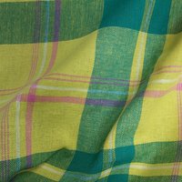 Tissu madras à vert et jaune lignes roses - Mondial Tissus