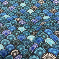Tissu cretonne imprimé éventails turquoise - Mondial Tissus
